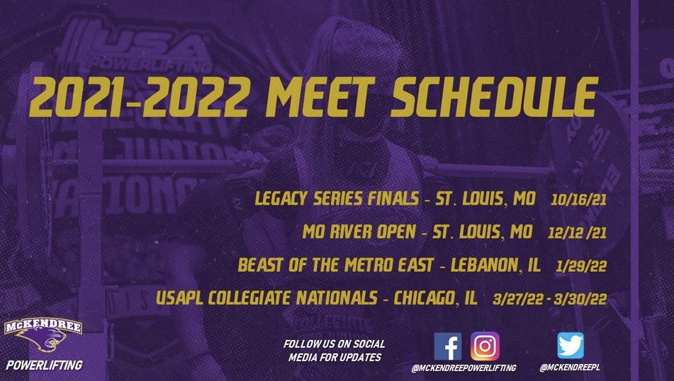 Kicking off w/ Legacy Series Finals 10/16 in STL. Followed up w/ MO River Open 12/12. In the spring semester Beast of the Metro East is back again! Need a QT meet for HS or Collegiate @usapowerlifting Nats? This meet is for you! We’ll will finish the season w/ Collegiate Nats! 👀