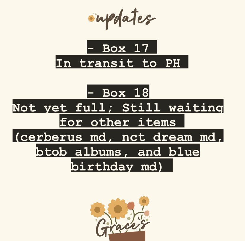sunlightcart's tweet photo. #sunlightcupdates
• MEMKIT TINGI - based on grace’s update, box 17 is already in transit to PH
• CHARMS PAJAMA PCS - nasa PH address na po ng 131unnies ‘yong ating pcs pero pina-hold ko po muna ang shipping sakin kasi nakaquarantine pa ako :(( https://t.co/f7QpVluojI