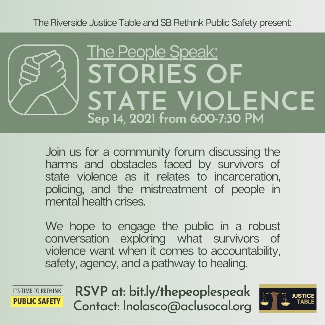 Next Tuesday, Sept 14: Town Hall with survivors of state violence and a discussion on accountability, safety, agency, and healing. bit.ly/thepeoplespeak <a href="/iejusticetable/">Justice Table</a>