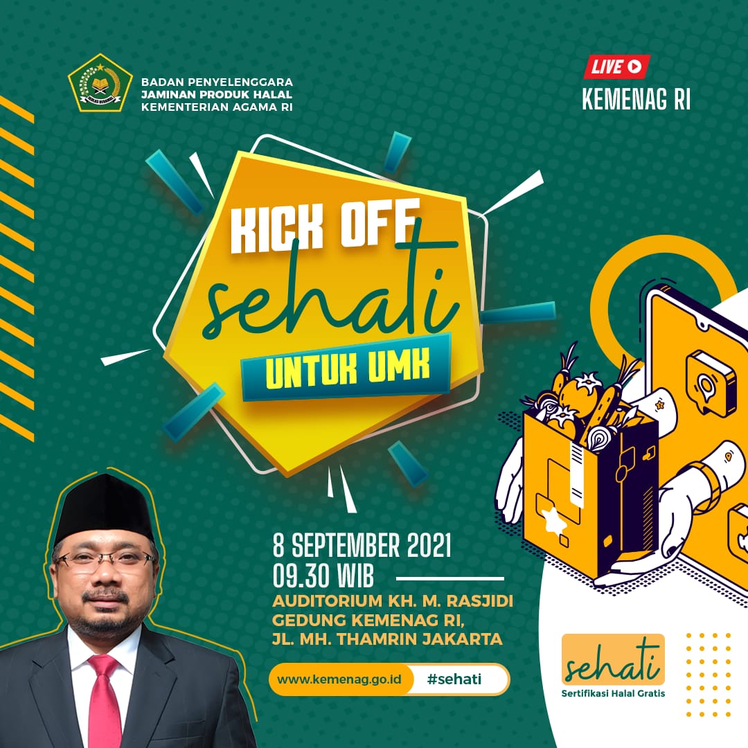 Satu lagi program afirmasi pemerintah untuk pelaku usaha mikro dan kecil (UMK). Yaitu, Sehati (Sertifikasi Halal Gratis)

Sehati diresmikan hari ini oleh Menag Yaqut Cholil Qoumas 

Disiarkan langsung Youtube Kemenag RI, jam 09.30 WIB