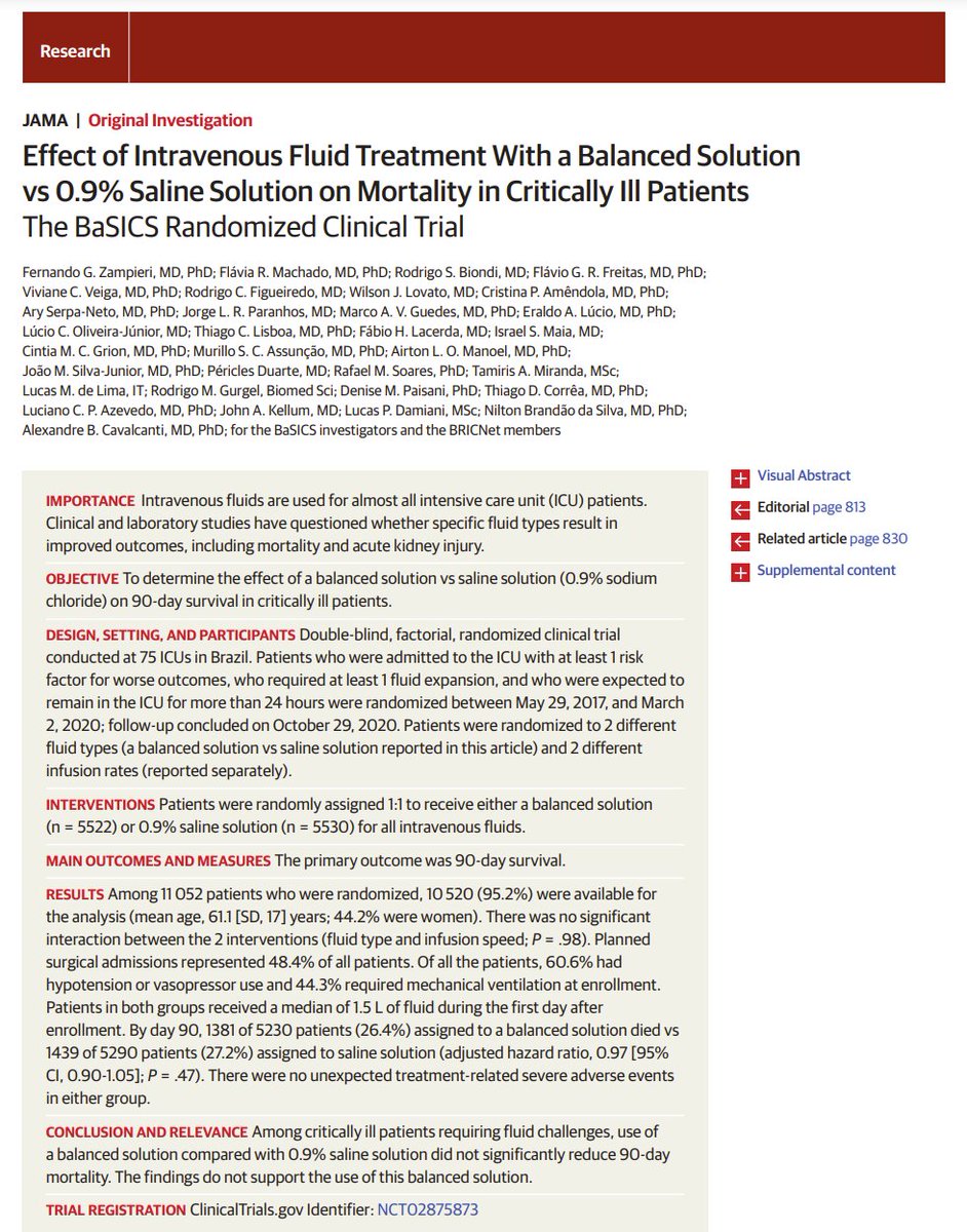 The BaSICS Randomized Clinical Trial: Effect of IVF Treatment With a Balanced Solution vs 0.9% Saline Solution on Mortality in Critically Ill Patients ca. 2021 from <a href="/JAMA_current/">JAMA</a> #NephJC #Nephpearls
#VisualAbstract by <a href="/hellokidneyMD/">Carlo Trinidad</a> 

jamanetwork.com/journals/jama/…