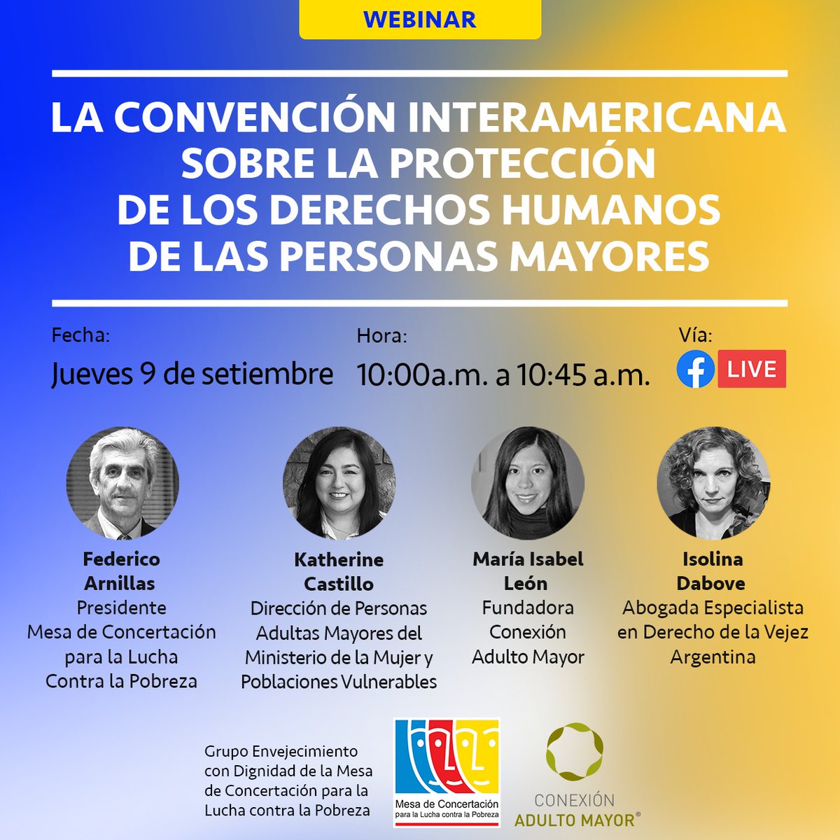 MCLCP_NACIONAL's tweet photo. Acompáñanos en este webinar para conocer más sobre esta importante norma para la protección de las personas adultas mayores 👇
Fecha: Jueves 9 de setiembre
Hora: 10 a.m.
Vía Facebook Live @mclcpnacional
@ConexionAM @MimpPeru https://t.co/NiXfB0Jh6k