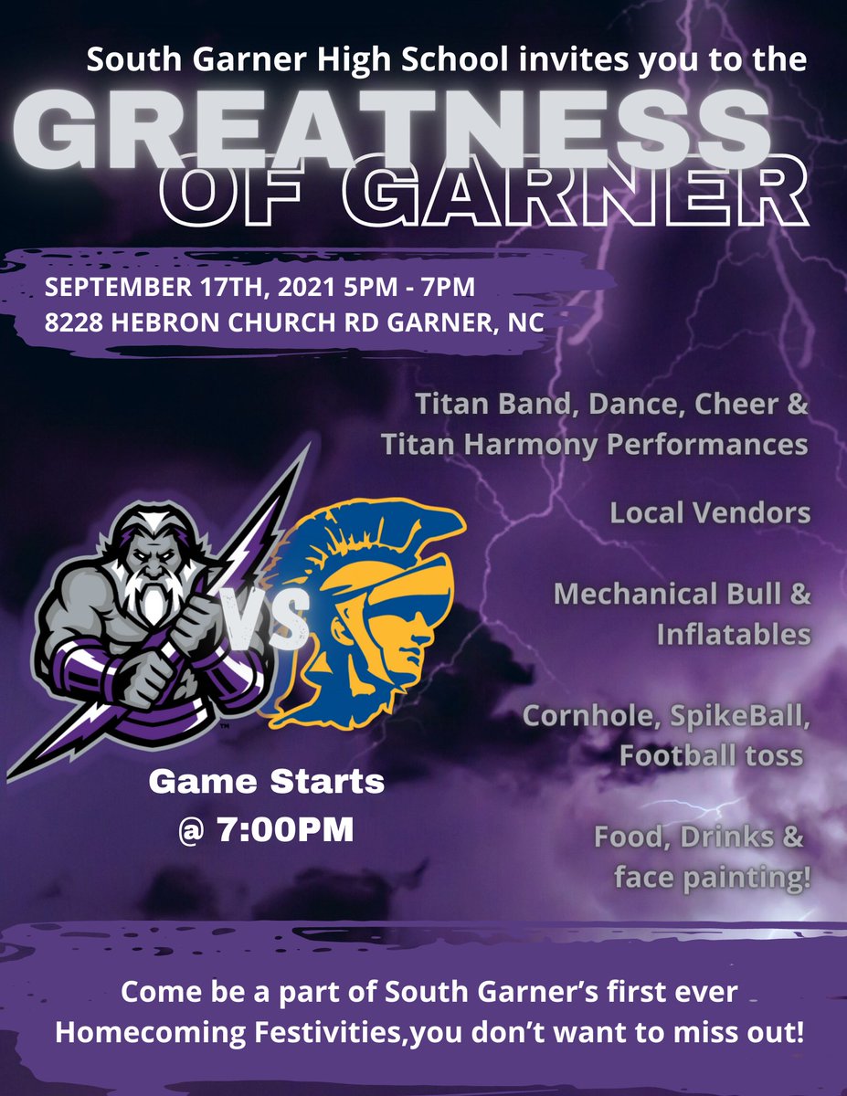 Come out Garner and enjoy an awesome community event and Football game! #titanup

<a href="/TownofGarner/">Town of Garner, NC</a> <a href="/ChickfilAGarner/">Chick-fil-A Garner</a> <a href="/GarnerChamber/">Garner Chamber</a> <a href="/TimberDriveES/">Timber Drive ES</a> <a href="/RandRoadRaiders/">Rand Road ES</a> <a href="/BryanRoadES/">Bryan Road Elementary School</a> <a href="/northgarnerms2/">North Garner Middle School</a> <a href="/EastGarnerMMS/">East Garner Magnet</a> <a href="/VanceElementary/">Vance Elementary</a> <a href="/EastGarnerES/">East Garner Elementary School</a>
