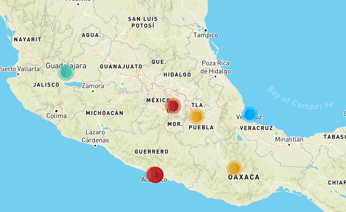 SasslaMx's tweet image. #Sismo en progreso. Informe de intensidades esperadas: 

CDMX: 🔴 VIOLENTO
PUE: 🟡 MODERADO
ACA: 🔴 VIOLENTO
OAX: 🟡 MODERADO
GDL: 🟢 Imperceptible
VER: 🔵 Ligero

20:48:41 #SASSLA