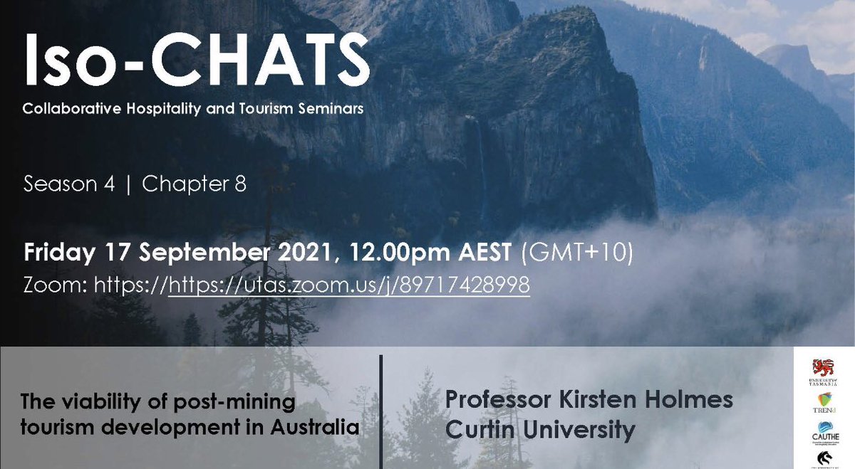 IsoCHATS returns Sept 17th &amp; we are thrilled to host the Queen of CAUTHE-  Prof Kirsten Holmes!  👑  

Her fascinating topic is ‘The viability of post-mining tourism development in Australia.’ 

☀️ Join us 12pm Sept 17th 

utas.zoom.us/j/89717428998

 @ProfKirstenH <a href="/TourismCluster/">Curtin University's Tourism Research Cluster</a>