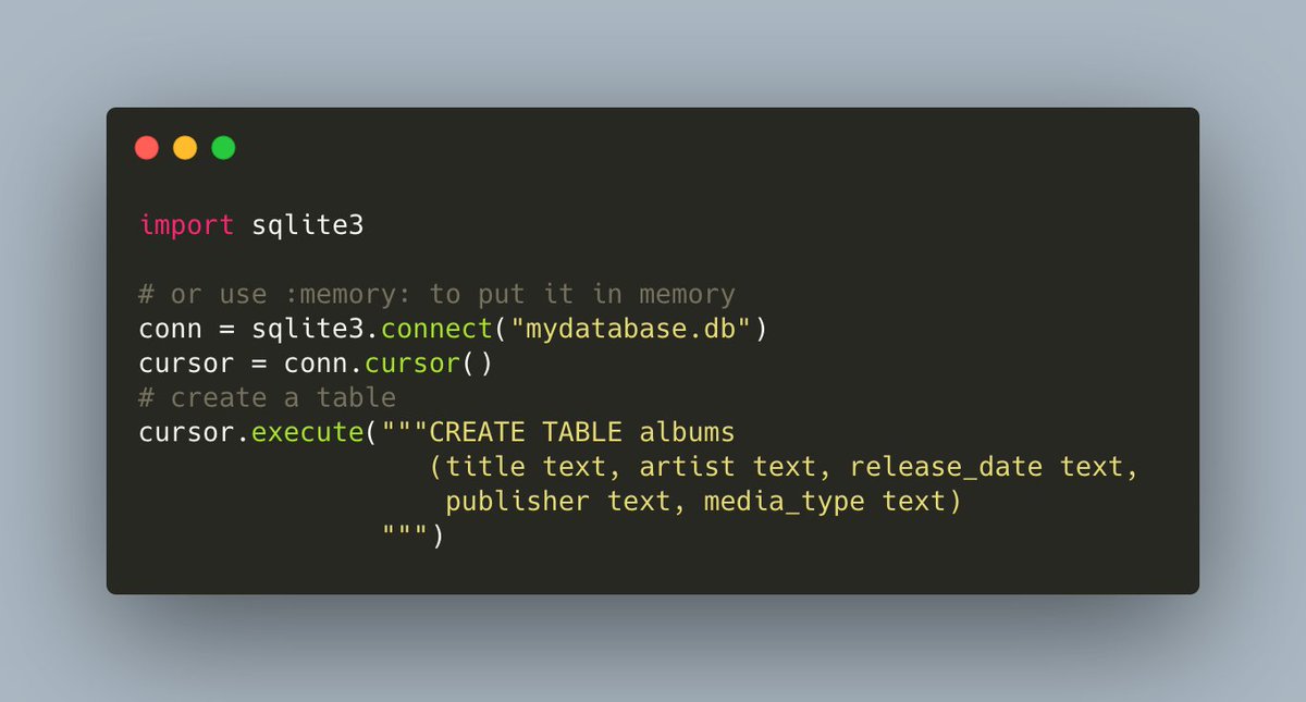 driscollis's tweet image. Create an SQLite database with 4 lines of code in #Python 

(Yes, this code is more than 4 lines due to comments and carriage returns, but that&apos;s for readability)