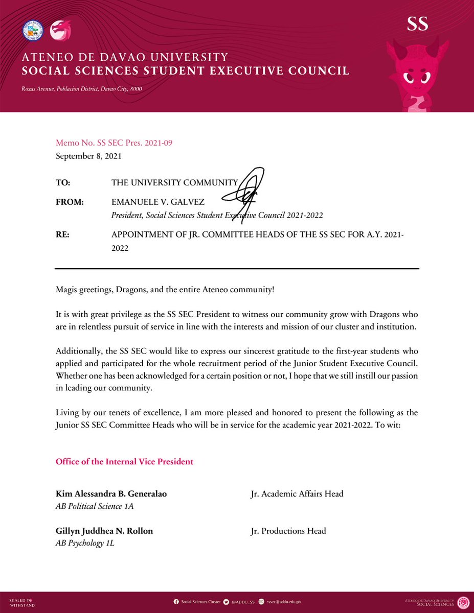 ADDU_SS's tweet photo. LOOK | Memo No. SS SEC Pres. 2021-09
RE: Appointments of the SS JSEC Committee Heads for A.Y. 2021-2022

For everyone's information and for widest dissemination. https://t.co/YQmSE3Idhk