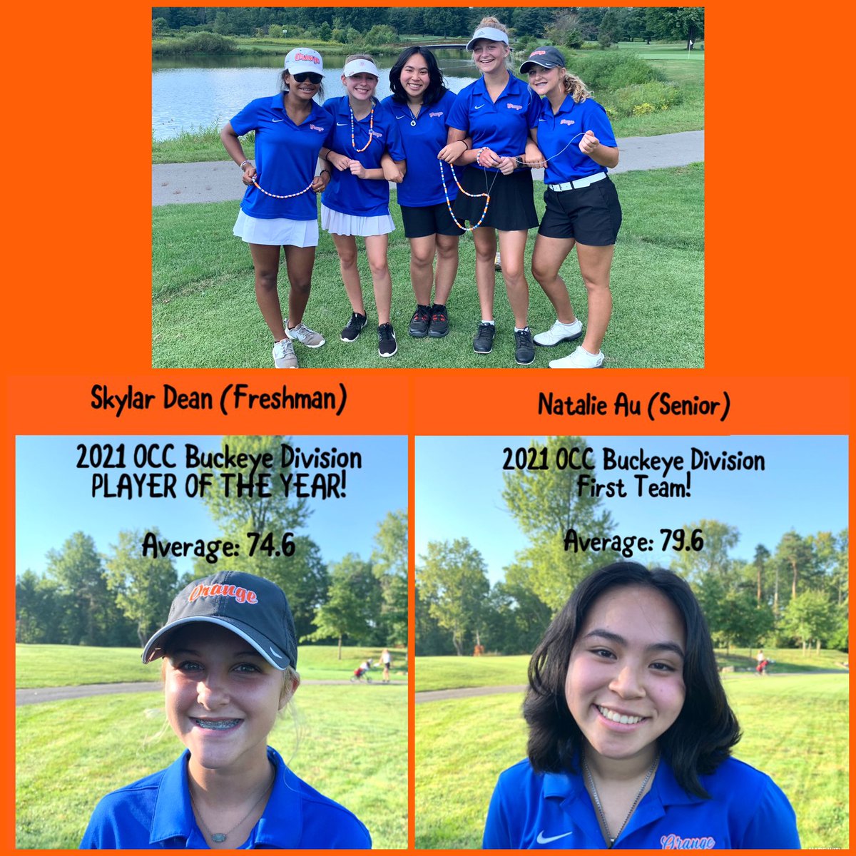 GolfOohs's tweet photo. The Lady Pioneers ended conference play on a high note finishing with a 13-7 OCC Buckeye Division record! @skylar1dean shot a 74 en route to earning PLAYER OF THE YEAR honors and @nataliexau finished with an 81 to solidify First Team honors! @OrangeHS_AD https://t.co/MlBoPfqPHo
