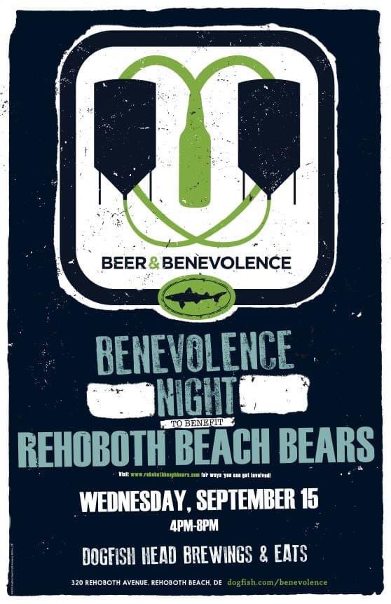 Special thanks for <a href="/dogfishbeer/">Dogfish Head Brewery</a> for hosting the <a href="/RehobothBears/">Rehoboth Beach Bears</a> for Beer and Benevolence Night on 9/15. Join us from 4-8pm and a percentage of your check will go to benefit the Bears. Thank you, DFH! Cheers!