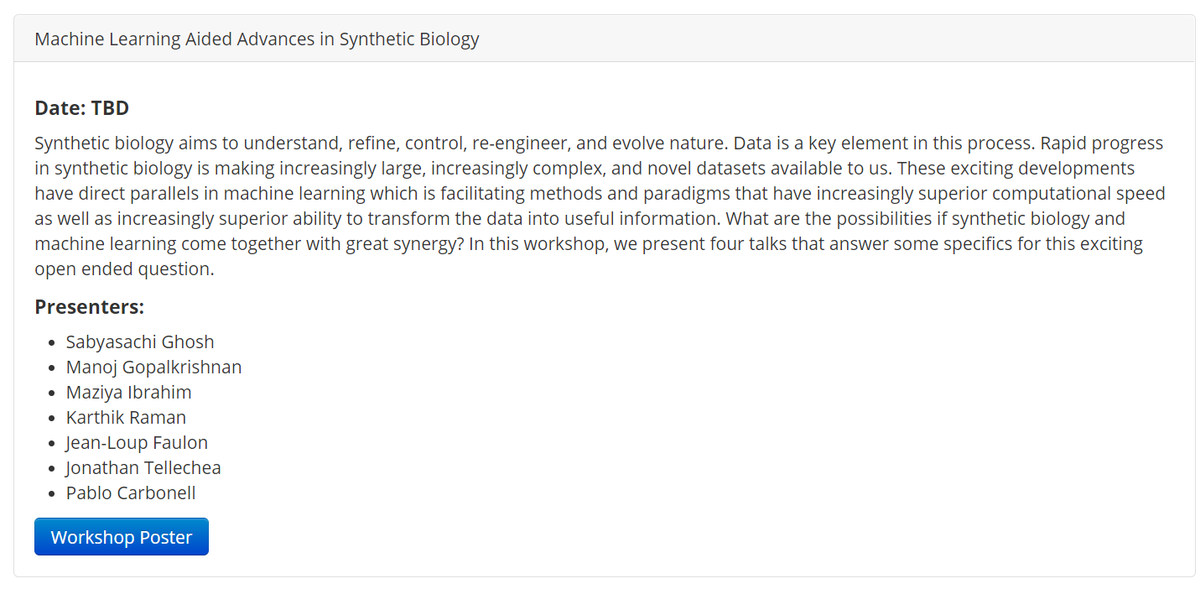 MaryPavan's tweet photo. Registration for #IWBDA2021 is open! Take a look at the preliminary program on the website and the amazing #workshops like this one by @pablocarb and colleagues. To not be missed! #biodesign #machinelearning #ai #synbio #computeraided #software #CAB
https://t.co/xPZ5NMmokl https://t.co/EePhkYuudf