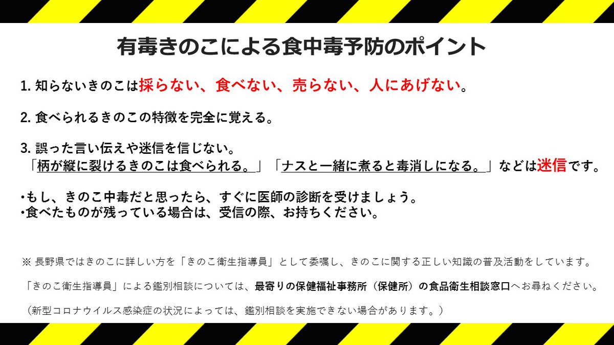 nagano_b's tweet image. 【&quot;#有毒きのこ&quot;による食中毒に注意‼】
例年、秋になると有毒きのこによる食中毒が集中して発生します！
長野県では、9月20日～10月19日までの間を『きのこ中毒予防月間』と定め、有毒きのこによる食中毒の予防を呼び掛けています📣
詳しくは↓↓↓
pref.nagano.lg.jp/shokusei/happy…