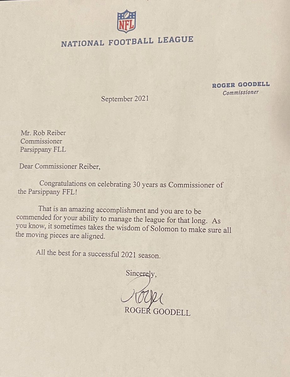 EdWeiss3's tweet image. Thanks @nflcommish for acknowledging 30 years of service by fellow commissioner Rob Reiber as the Parsippany FFL kicks off our 36th season. @MatthewBerryTMR