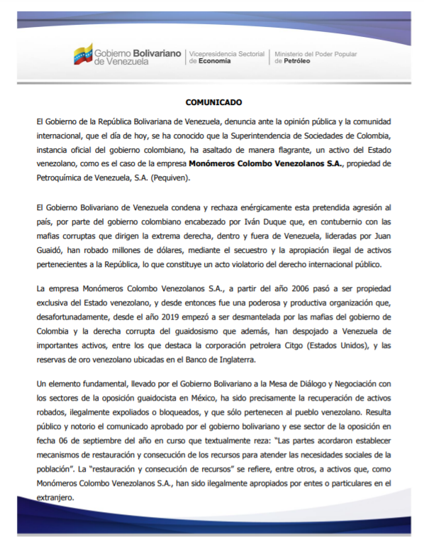 ConsVEBarcelona's tweet photo. #COMUNICADO El Gobierno de la República Bolivariana de #Venezuela, denuncia que la Superintendencia de Sociedades de #Colombia, ha asaltado de manera flagrante un activo del Estado venezolano, como es el caso de la empresa Monómeros. https://t.co/fkym60mXns