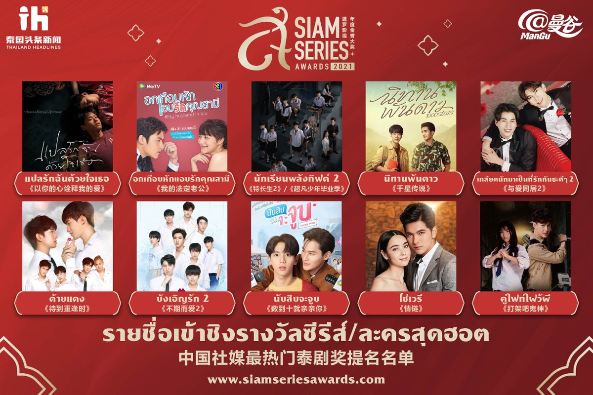 📣เปิดโผรายชื่อผู้เข้าชิงงานมอบรางวัล Siam Series Awards 2021 ในสาขารางวัลซีรีส์/ละครสุดฮอต รายชื่อผู้เข้าชิงมีดังต่อไปนี้ 
1.แปลรักฉันด้วยใจเธอ I Told Sunset About You
2.อกเกือบหักแอบรักคุณสามี
3.นักเรียนพลังกิฟต์ 2 
4.นิทานพันดาว
5.เกลียดนักมาเป็นที่รักกันซะดีๆ 2