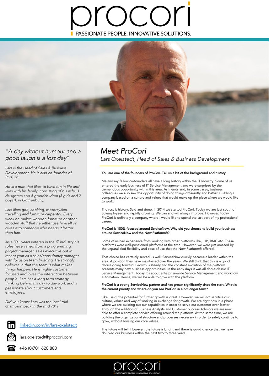Meet Lars, 
Lars has a wealth of experience within the IT Industry, Enterprise Service Management and is a co-founder of ProCori SMC .
#rockstars #digitaltransformation #workflowautomation #servicenow #servicenowpartner #meetprocori #procori