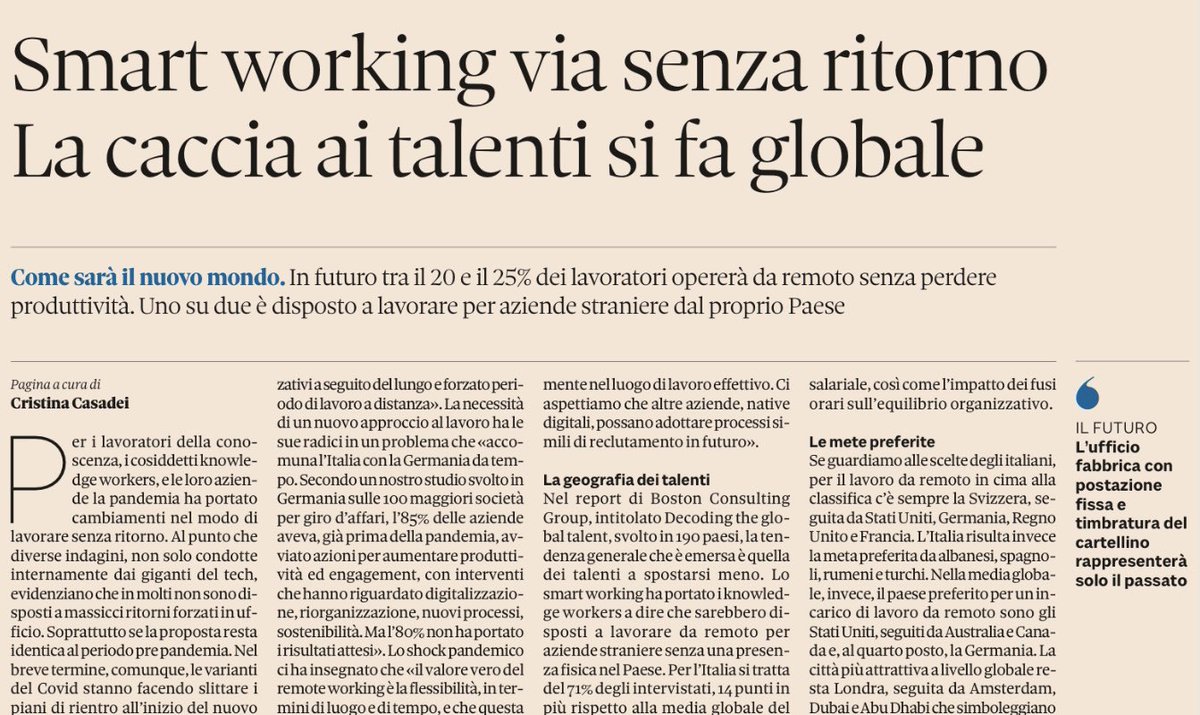 Mi aspetto che ogni azienda troverà un proprio modello organizzativo, per ruolo, mentre prima della pandemia il modello verteva sul contratto standard di categoria. #lavoro #Italia Oggi su <a href="/sole24ore/">IlSole24ORE</a> grazie a <a href="/casadei42/">Cristina Casadei</a>