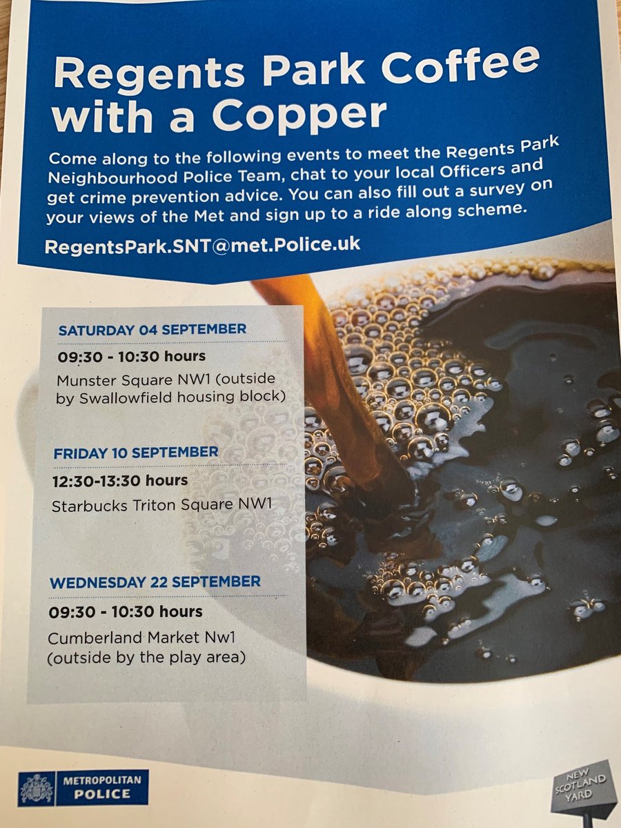 MPSRegentsPark's tweet image. Community events - please see the attached poster for our next set of Community Contact Sessions, being held in different locations around the Regents Park Estate area. Next one is Friday 10th September 2021 at 1230-1330 hours in Triton Square NW1. Come along to meet us!