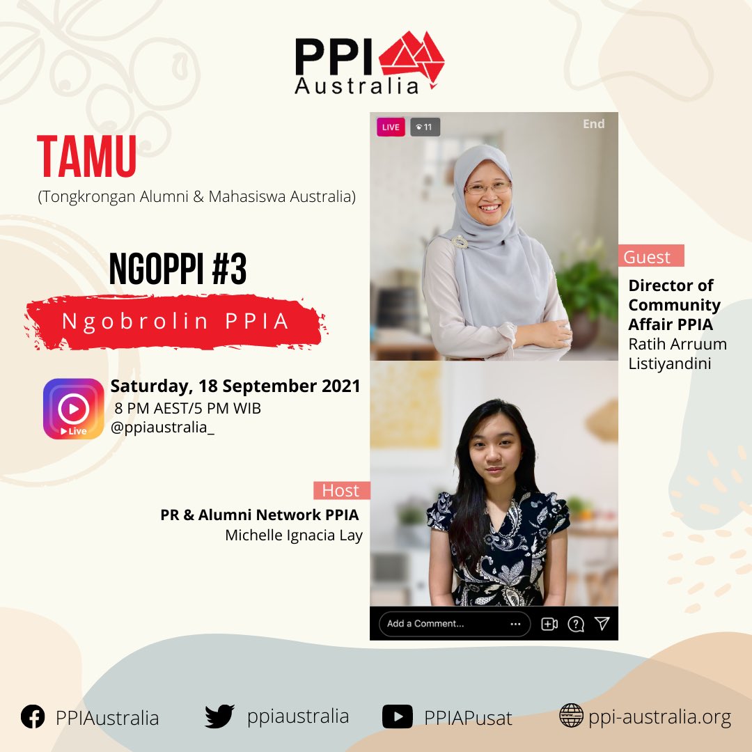 Presenting: TAMU (Tongkrongan Alumni dan Mahasiswa Australia)
In our #3 series of 'NGOPPI' (Ngobrolin PPIA). 🎙

Join our podcast on 18 September 2021 to hear about how pandemic has been impacting our mental health which causes continuous burnout! 😥