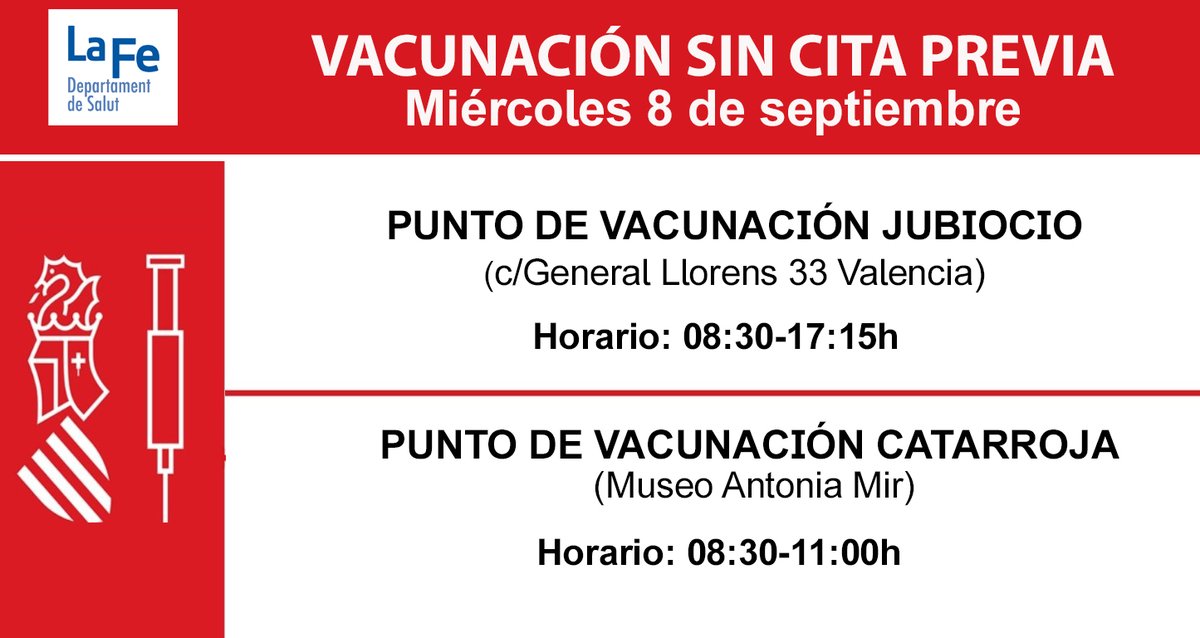 💉El Hospital La Fe pone a tu disposición la vacunación contra la covid-19 sin cita previa
📆 Consulta los puntos de vacunación del Departament y los horarios para hoy miércoles 8 de septiembre

No olvides la tarjeta sanitaria (SIP)