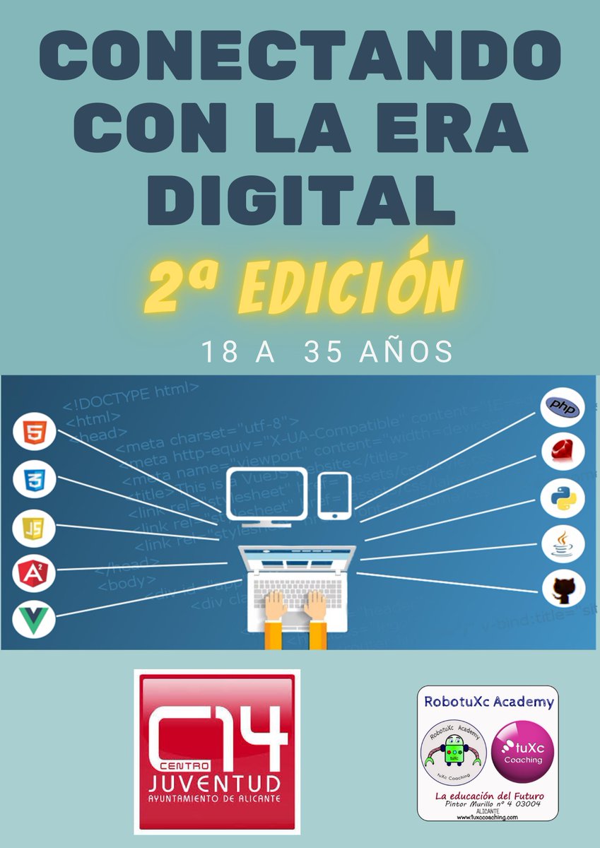 Centro14's tweet photo. Este mes de  septiembre tenemos un curso gratuito en la academia Robotuxc Academy  "Curso Conéctate con la era digital" 
Los lunes y miércoles 20, 22, 27 y 29 de 9:30 a 12:30h. 
Apúntate en https://t.co/ZbvrlR6Kmm https://t.co/C1jg1aDj9Z