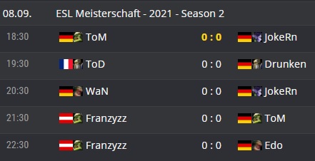 The #ESLMeisterschaft continues today with an avalanche of games. Start 18:30 CET with the game of my teammates <a href="/Wc3ToM/">ToM</a> vs <a href="/Jokerthirtynine/">Brian Moser</a>. Thereafter I play vs <a href="/YoanMerlo/">ToD</a> . As usual broadcastet by <a href="/Back2Warcraft/">Back2Warcraft</a> Full schedule: