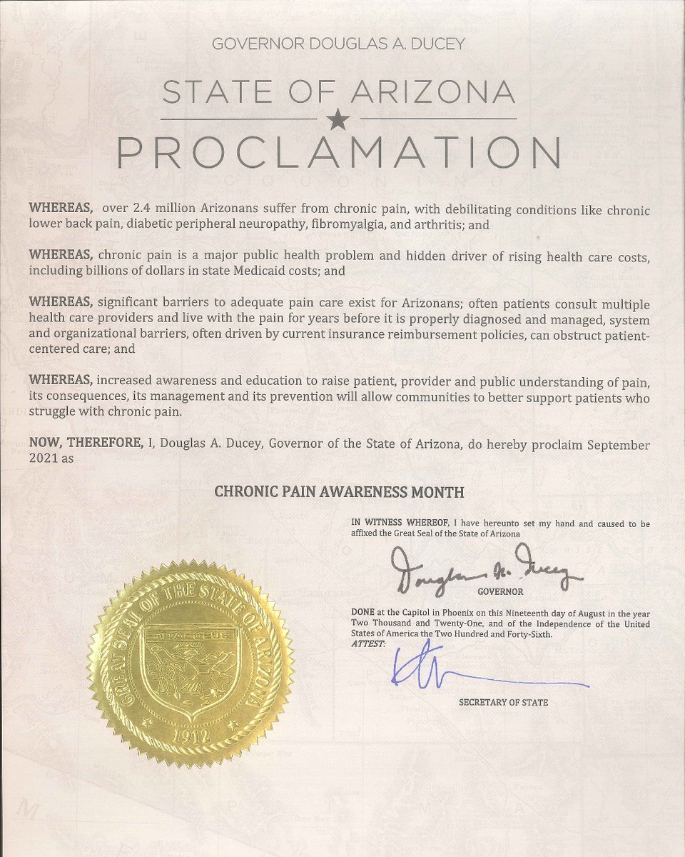 iPainOfficial's tweet photo. Thank you to Arizona Governor for signing the 2021 Chronic Pain Awareness Month Proclamation! #ChronicPainAwarenessMonth #CPAM21 #PAM21 #ChronicPain #Pain #TeamiPain #MakeADifference #ShareYourStory https://t.co/B8WKXVk9Xu https://t.co/qILSFXPrA1