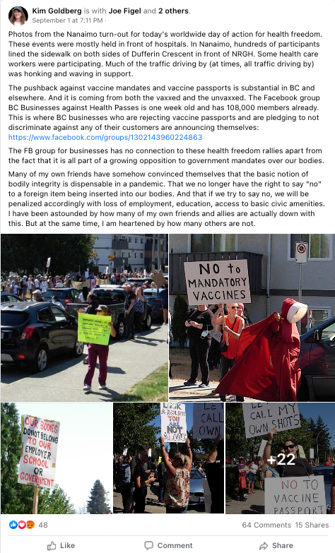 BillTieleman's tweet photo. Is this a prominent @paulmanly Green Party supporter at #Nanaimo General Hospital anti-vaccine passport rally that harassed healthcare workers?  What the H? #cdnpoli #bcpoli #GPC #CPC #NDP #LPC https://t.co/LQneO0CO6C