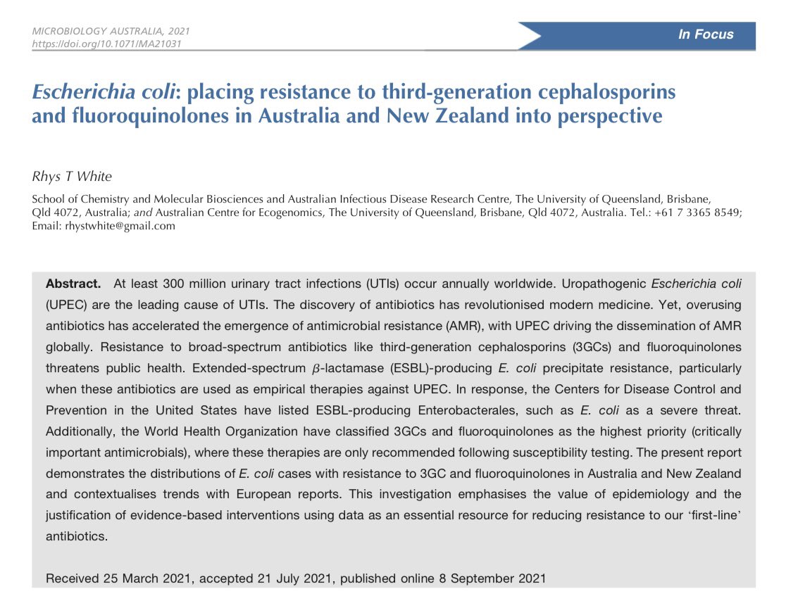 I’m elated to share my debut first-author paper &amp; it’s #OpenAccess 👉 doi.org/10.1071/MA21031

Escherichia coli: placing resistance to third-generation cephalosporins &amp; fluoroquinolones in #Australia &amp; #NewZealand into perspective |<a href="/AUSSOCMIC/">ASM</a> #MicrobiologyAu <a href="/CSIROPublishing/">CSIRO Publishing</a>🧵1/8