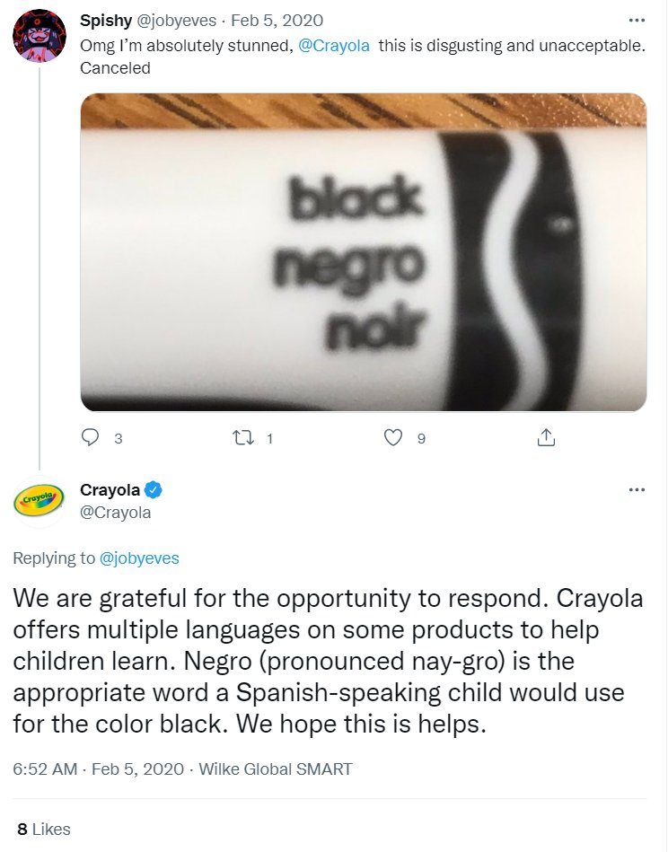 CHAVABANUVA's tweet photo. How sdumb and delicate can gringos be? idiots in the usa discovering the black in spanish.
#crayola #colornegro https://t.co/GVElNndJrJ
