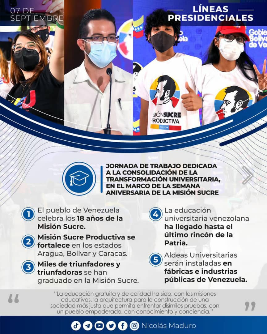 ➡️ Líneas presidenciales del pdte. @NicolasMaduro, dedicadas a la consolidación de la Educación Universitaria, en el marco de la semana  aniversaria de la Misión Sucre. #LoVolvimosALograrEnMexico 
@luchaalmada @dcabellor 
@Mippcivzla @OncaTvR @VTVcanal8 @DayraMRivasR