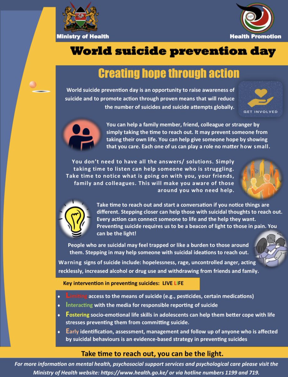Globally, over 700, 000 people die by suicide each year and the rate of suicide in men is twice as high as compared to women. #worldsuicidepreventionmonth  #WorldSuicidePreventionDay #bethelight <a href="/MOH_Kenya/">Ministry of Health</a> <a href="/qualityrightske/">QualityRightsKE</a>