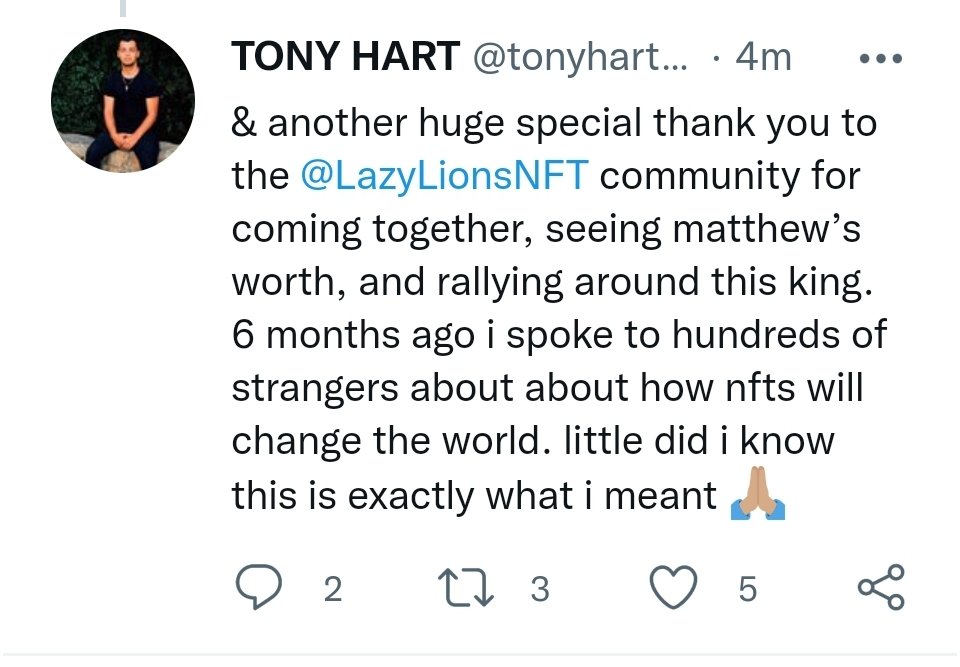 realRexRoar's tweet image. The @LazyLionsNFT  community is proud to have helped this good cause!

We will continue to ROAR #formatthew 

250k in 4 hours.

Lazy Lion Love ❤ 

All hail... King Matthew 👑