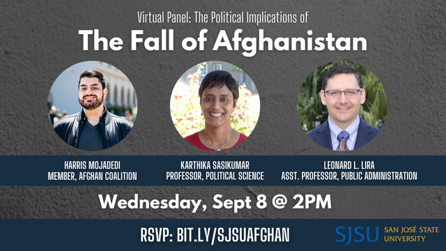 ThaliaAnagnos's tweet photo. First event for TEACH-IN on the End to America's Longest War. Panel focuses on political &amp; military-strategic implications of the end to America's longest war and the fall of Afghanistan. 
@discoversjsu @SJSUHumanRights #Afghanistan https://t.co/jOycTWS9dm