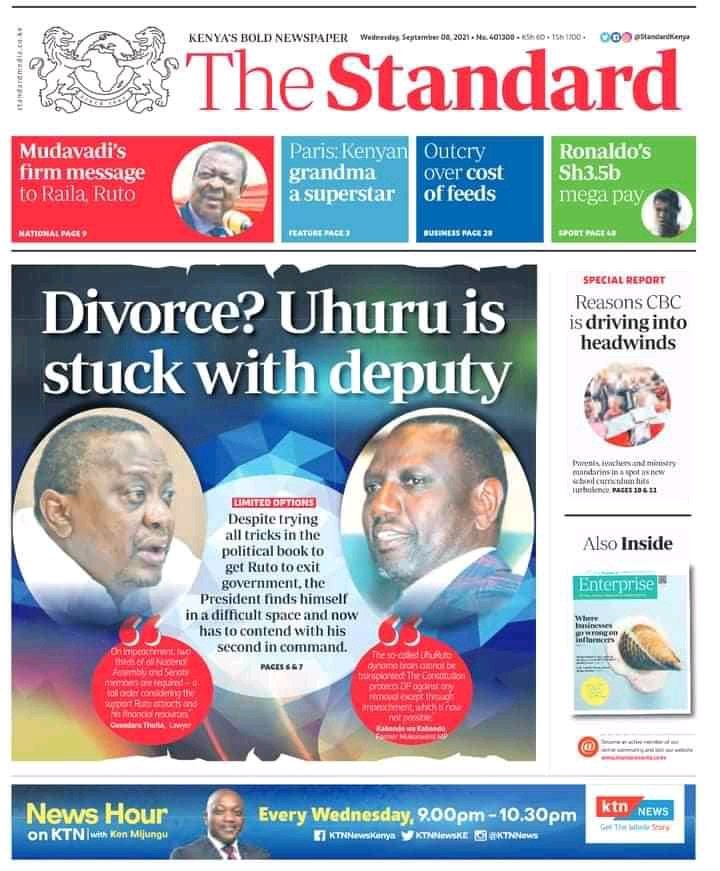evansokaalo's tweet photo. Today is Wednesday (Mid-Week) 8/9/21 and here are the Newspaper 📰 headlines in Kenya. 🇰🇪

#Nyonga Kabando Babu Owino Rotimi Ruto Natembeya Moses Kuria Tuju #Sonko Martha Karua #MbogaZaUhuru #KenyaUnderRaila #AlexnNawilbrodamilele #AllowTheGanja Jubilee Ruiru https://t.co/mfp9HQURBd