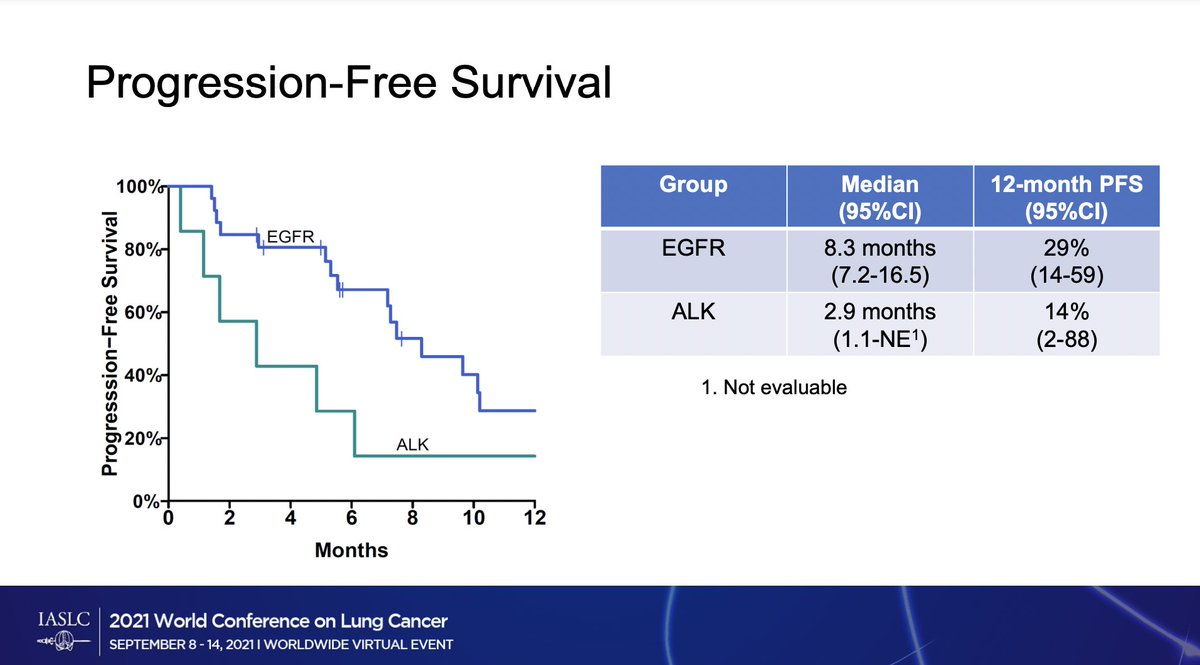 #WCLC21 Dr. Shirish Gadgeel with single arm phase II of carbo+pem+pembro in #EGFR or #ALK NSCLC (post TKI). In EGFR (n=26), RR 42%, mPFS 8.3m. In ALK (n=7), RR 29%, mPFS 2.9m. Reminder that EGFR and ALK are quite different. Reserve judgment until phase III KEYNOTE 789 reads out.