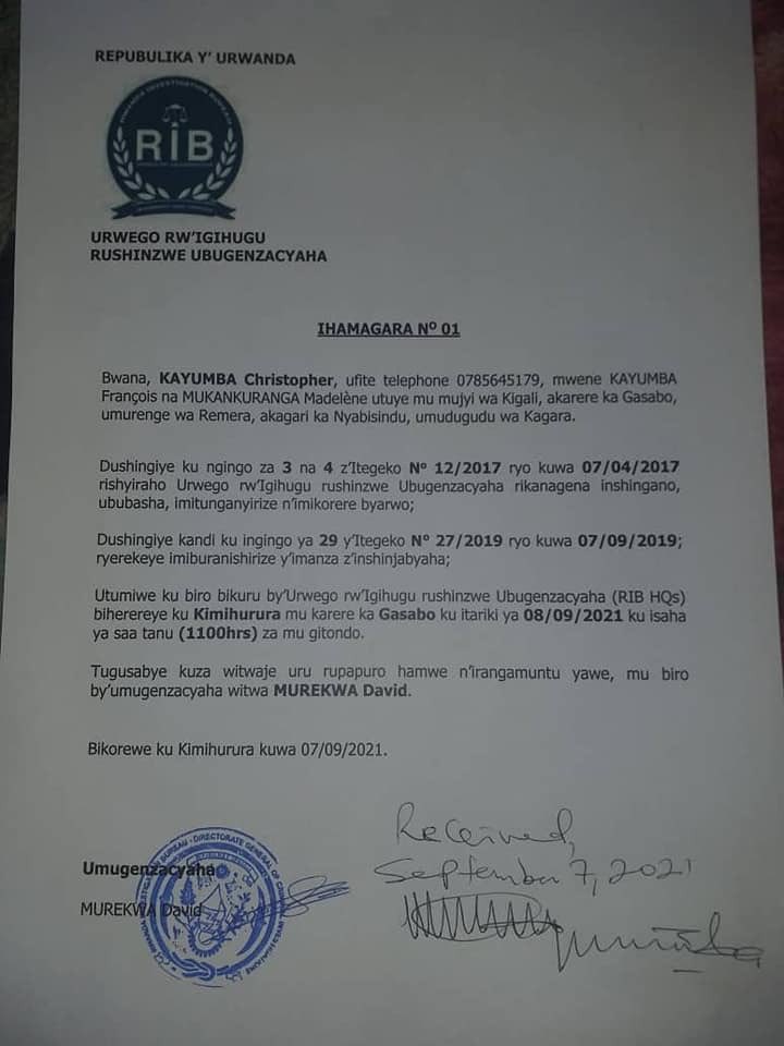 Ihamagarwa ⁦<a href="/RIB_Rw/">Rwanda Investigation Bureau</a>⁩ yahamagaje ⁦<a href="/Ckayumba/">Christopher Kayumba, PhD</a>⁩ umurwanashyaka wa ⁦<a href="/RPDRwanda/">Rwandese Platform for Democracy (RPD)</a>⁩. ⁦<a href="/Bagiruwubusa/">Eric BAGIRUWUBUSA</a>⁩ ⁦<a href="/oswaki/">Oswald Oswakim</a>⁩