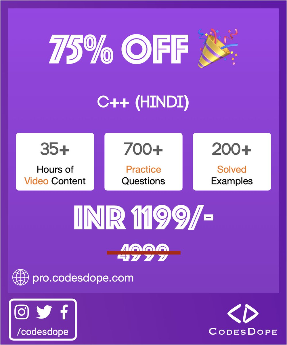 CodesDope's tweet image. Offer Ending Soon (8 Sep). Hurry!
pro.codesdope.com
#cpp #offer