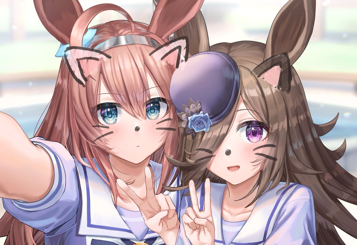 mihono bourbon (umamusume) ,rice shower (umamusume) multiple girls 2girls animal ears school uniform horse ears selfie v  illustration images