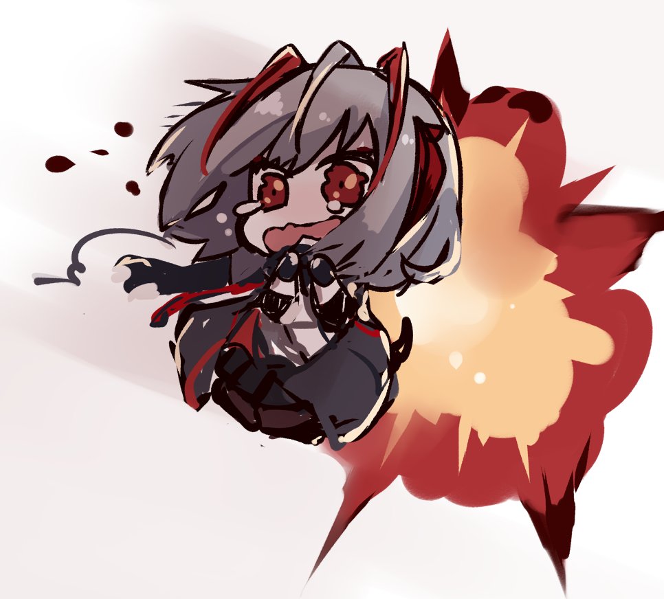 w (arknights) 1girl explosive solo red eyes white background chibi grey hair  illustration images