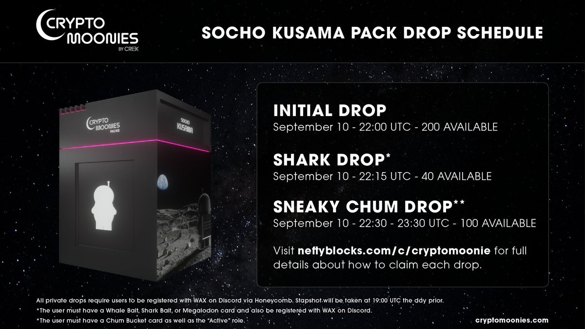 CreekDrops's tweet photo. Mark your calendars! #CryptoMooniesPacks #018 "Socho Kusama" is dropping this Friday! 

For a chance to win one of three:
✅ Like and Retweet this post
✅ Leave a comment (not your wax address)
✅ Complete the form: https://t.co/l4aTypBEyL https://t.co/ePebdxGxEQ