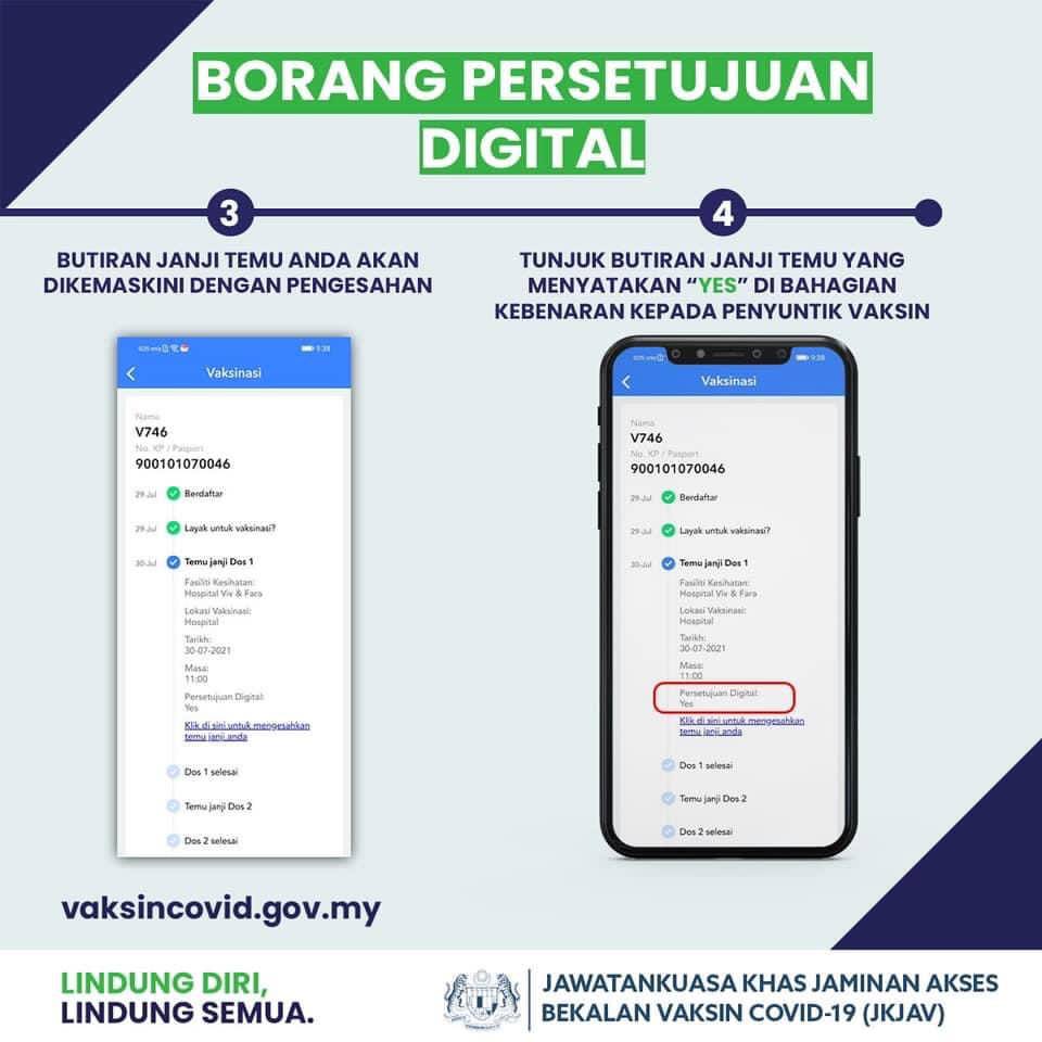 Ciri baharu MySejahtera menyediakan Borang Persetujuan Digital HANYA untuk mereka yang akan menerima dos pertama vaksin.

Sudah mendapat dos pertama &amp; telah tandatangan borang persetujuan secara manual, TIDAK PERLU mengisi borang digital.

Sumber: @kkmm_gov

#USIMJagaSemua
#USIM