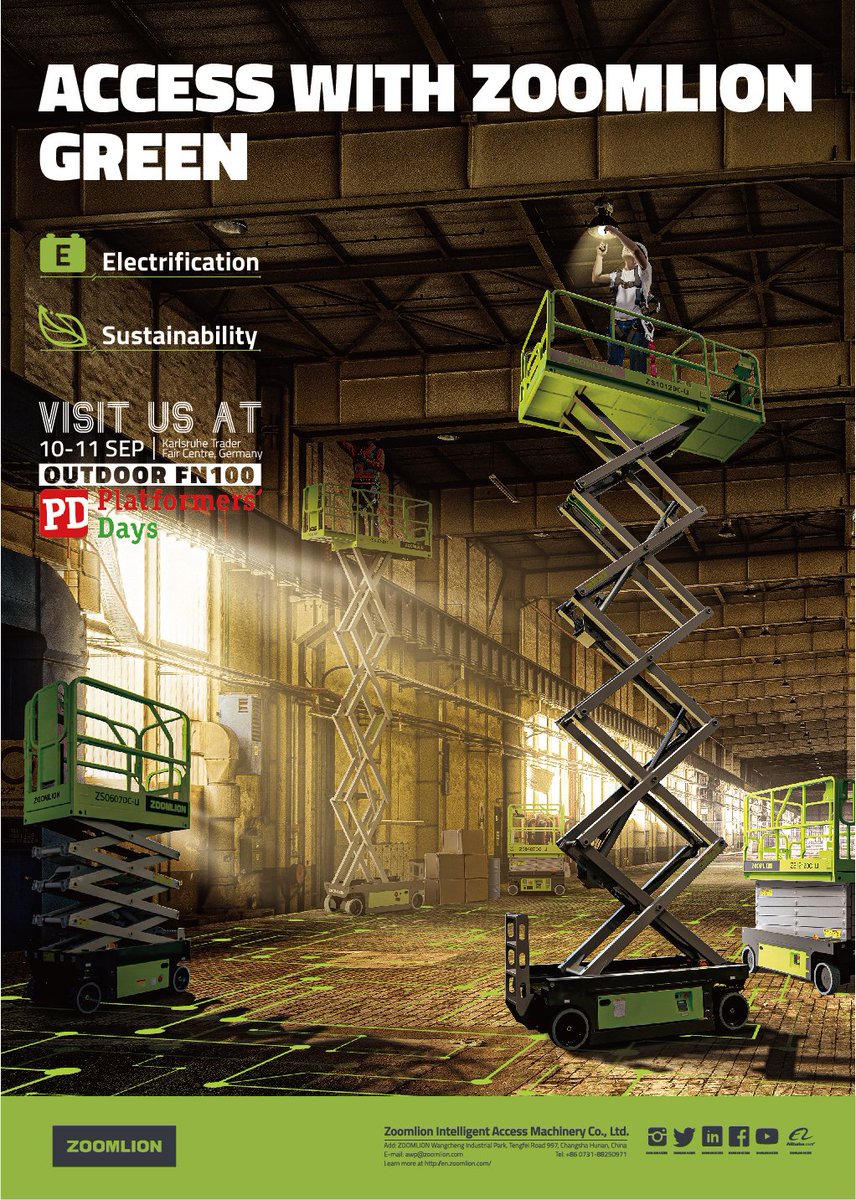 access_aerial's tweet photo. 24 hours countdown to the #PlatformersDays in Karlsruhe Trade Fair Center, #Germany! Visit #ZOOMLIONACCESS at FN100!
-
#zoomlionaccess #mewp #aerialworkplatform #construction #manufacturing #engineering #machinery #scissorlifts #productivity #efficiency #electric #platformersdays https://t.co/NTtD6UcjOY
