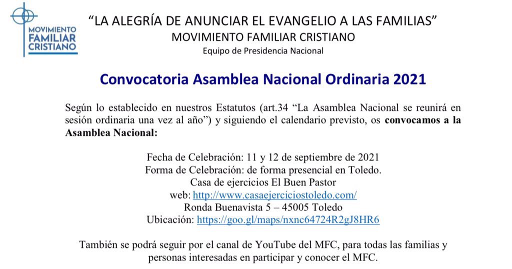 8º Rosario por la intención de la Presidencia Nacional del MFC: Pedimos oración por la Asamblea Nacional del día 12 de septiembre, por sus frutos y para ponernos en manos del Espíritu Santo.  Os podéis unir enviando un correo a zona.centro@movimientofamiliarcristiano.es