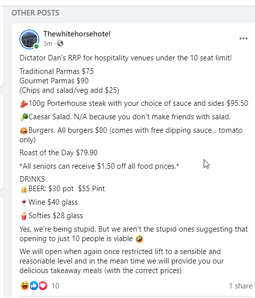 benjiman1983's tweet photo. Can't wait to get to the pub!! 😆😆😆😆
To be fair, I reckon they might have short changed themselves a touch, be entitled to be charging more.
I'm that keen on a parma....I'd pay $90+ at this point in time! 🍻
#backtothepub #all10ofus #covidVic #regionalisfree #notreally https://t.co/AqzGIQY8t3