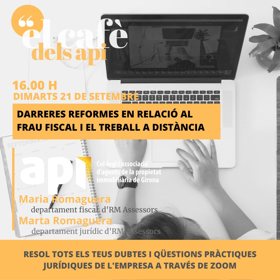 HousesCatalonia's tweet image. apigirona: El dimarts 21 de setembre analitzarem les darreres reformes en la lluita del frau fiscal així com els canvis en la llei reguladora del treball a distància amb la @RomagueraMarta i @maria_romaguera.

buff.ly/3DTROtd
#elcafèdelsAPI #fra…