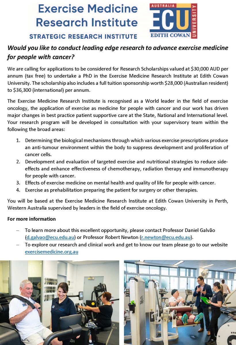 Want to research #exerciseoncology? Improve the lives of people with #cancer? Work within a world-class team in one of the top 10 most liveable cities!   
<a href="/EMRI_ECU/">Exercise Medicine Research Institute</a> has multiple PhD opportunities now open to pursue research at <a href="/EdithCowanUni/">Edith Cowan University (ECU)</a>
Discover more exercisemedicine.org.au