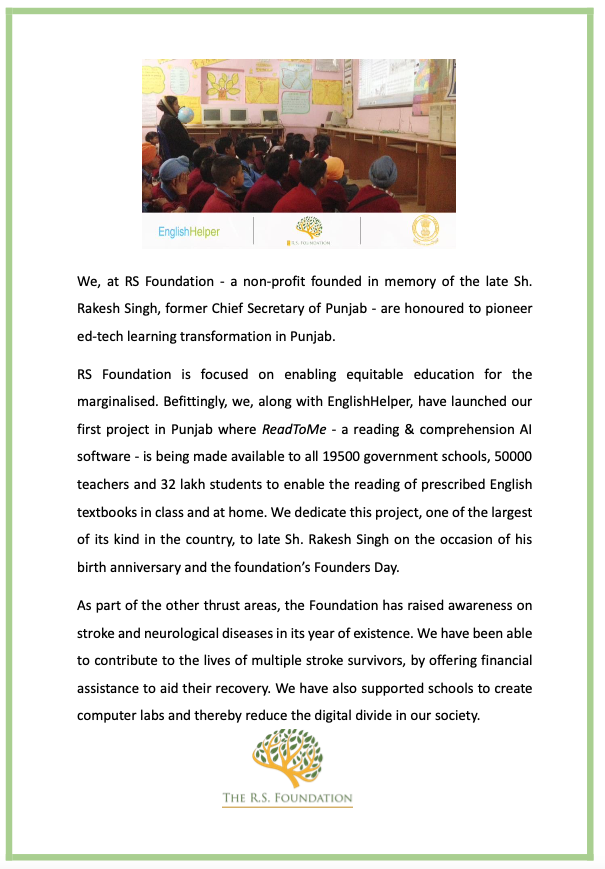 The RS Foundation (@thersf2020) on Twitter photo Our Foundation - a non-profit founded in memory of the late Sh. Rakesh Singh, former Chief Secretary of Punjab - are honoured to pioneer ed-tech learning transformation in #Punjab. Our focus is on enabling equitable education for the marginalised. <a href="/CMOPb/">Lucky Singh</a> <a href="/PunjabGovtIndia/">Government of Punjab</a> 1/5 Our Foundation - a non-profit founded in memory of the late Sh. Rakesh Singh, former Chief Secretary of Punjab - are honoured to pioneer ed-tech learning transformation in #Punjab. Our focus is on enabling equitable education for the marginalised. <a href="/CMOPb/">Lucky Singh</a> <a href="/PunjabGovtIndia/">Government of Punjab</a> 1/5