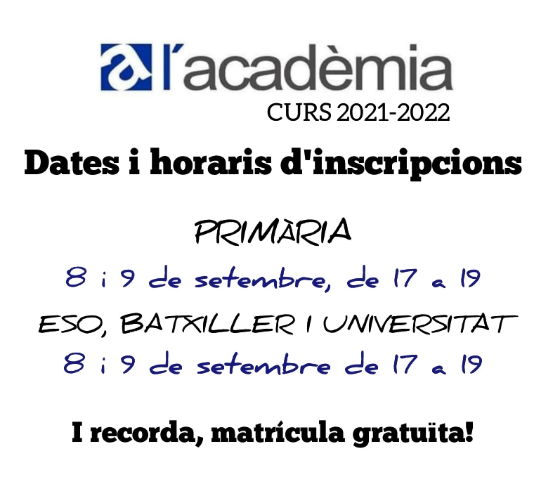 AcademiaPio12's tweet photo. Hola a tots i totes, arriba setembre i ja torna l'acadèmia!

DATES I HORARIS D'INSCRIPCIONS
🔵 *PRIMÀRIA, ESO, BATXILLER I UNIVERSITAT* : 8 i 9 de setembre de 17 a 19 hores.

Recorda, la matrícula és gratuïta!

Vos esperem! https://t.co/FxlFBjk2UB