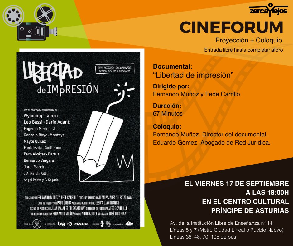 El proximo viernes 17 de septiembre estaremos participando en esta proyección del documental "Libertad de impresión" <a href="/LibertadImpres/">LibertadDeImpresión</a>  , invitados por <a href="/ZERCAYLEJOS/">ZERCA Y LEJOS</a> y acompañados por el director <a href="/_FerMunoz/">Fernando Muñoz</a> La reflexión sobre la censura nunca debe parar en una democracia. ¡Hablamos!