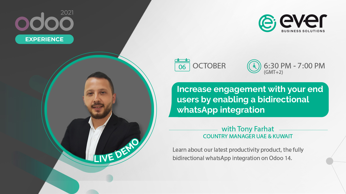 EverBSolutions's tweet image. Learn with us at Odoo Experience 2021!
During this talk, you will learn about our latest productivity product, the fully bidirectional whatsApp integration in Odoo 14.

To register and attend: bit.ly/3DZGH1Q

#OdooExperience2021 #OdooPartner